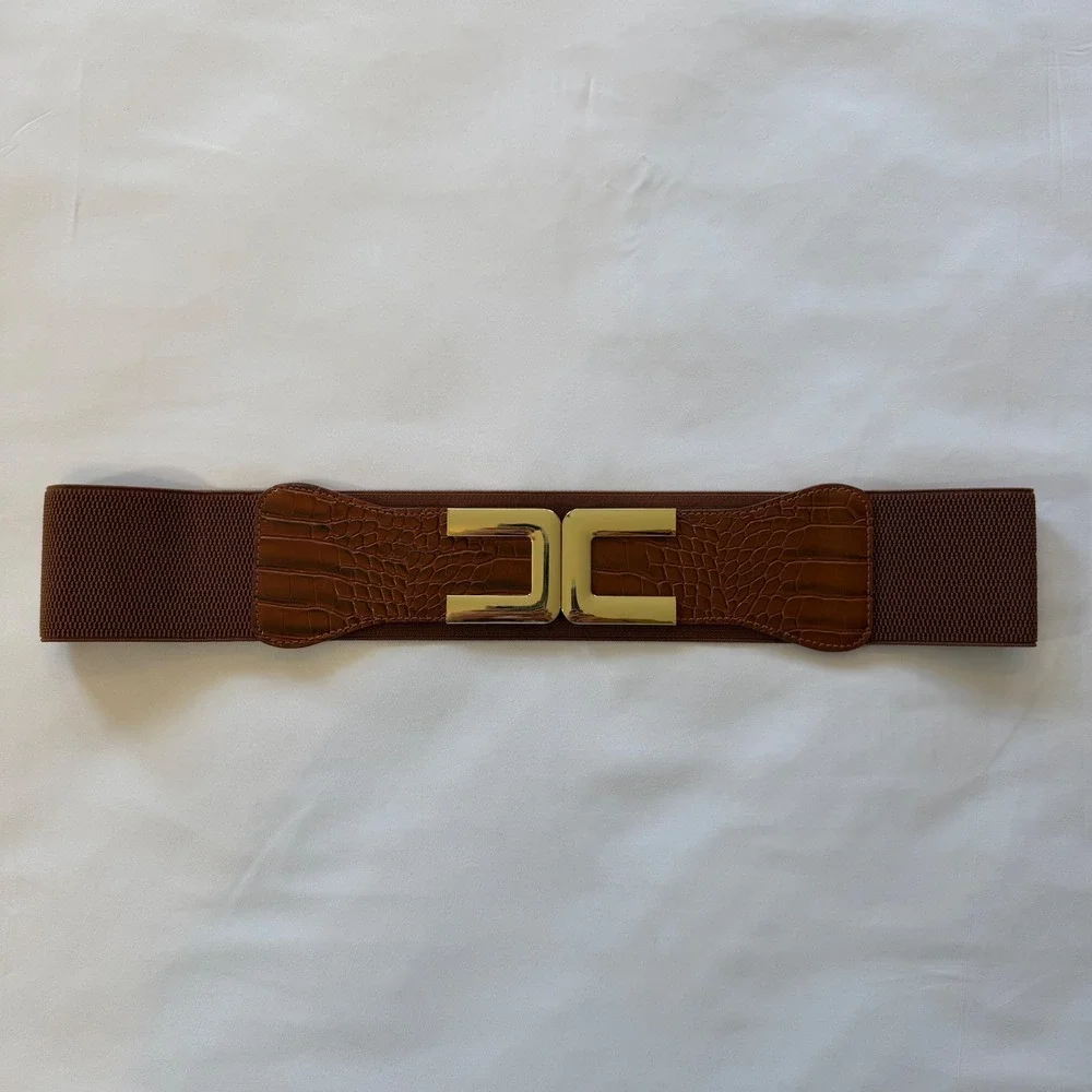 Brown Elastic Cinch Belt‎ Gold Interlocking Buckle Faux Croc Wide 1X